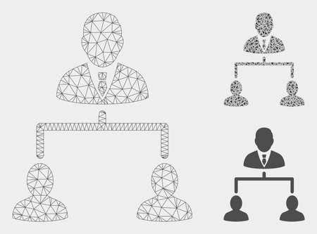 Mesh human hierarchy model with triangle mosaic icon. Wire carcass polygonal mesh of human hierarchy. Vector composition of triangle elements in variable sizes, and color tinges.のイラスト素材
