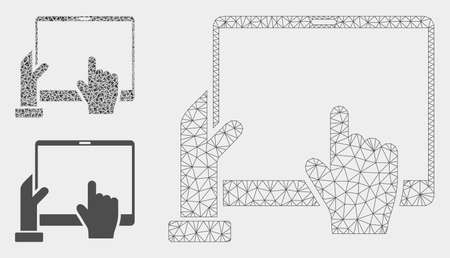 Mesh hand points PDA model with triangle mosaic icon. Wire frame polygonal mesh of hand points PDA. Vector mosaic of triangles in various sizes, and color hues. Abstract flat mesh hand points PDA,のイラスト素材