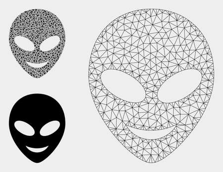Mesh happy alien head model with triangle mosaic icon. Wire frame polygonal mesh of happy alien head. Vector collage of triangle elements in variable sizes, and color tinges.のイラスト素材