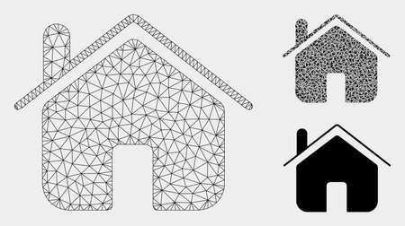 Mesh home model with triangle mosaic icon. Wire frame triangular mesh of home. Vector mosaic of triangle elements in various sizes, and color tones. Abstract flat mesh home,のイラスト素材