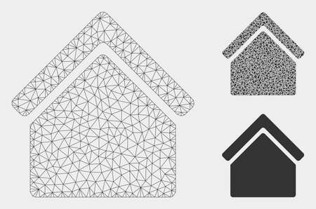 Mesh home model with triangle mosaic icon. Wire frame triangular mesh of home. Vector mosaic of triangle parts in variable sizes, and color tones. Abstract 2d mesh home, designed with triangles.のイラスト素材