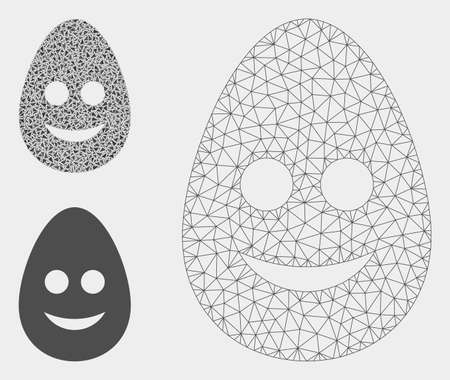 Mesh happy egg model with triangle mosaic icon. Wire frame triangular mesh of happy egg. Vector collage of triangle elements in different sizes, and color shades. Abstract 2d mesh happy egg,のイラスト素材