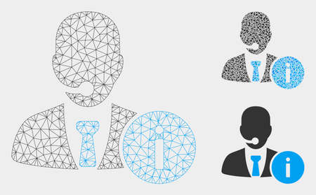 Mesh help desk manager model with triangle mosaic icon. Wire carcass triangular mesh of help desk manager. Vector mosaic of triangles in different sizes, and color tinges.のイラスト素材