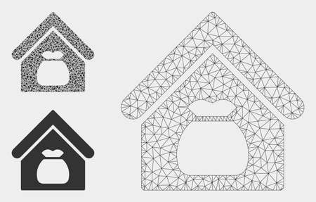Mesh harvest warehouse model with triangle mosaic icon. Wire frame triangular mesh of harvest warehouse. Vector mosaic of triangle elements in variable sizes, and color tones.のイラスト素材