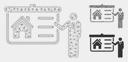 Mesh house presentation model with triangle mosaic icon. Wire frame triangular mesh of house presentation. Vector mosaic of triangle parts in variable sizes, and color shades.のイラスト素材