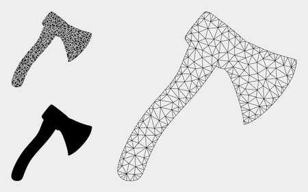 Mesh hatchet model with triangle mosaic icon. Wire frame triangular mesh of hatchet. Vector mosaic of triangle elements in different sizes, and color tints. Abstract flat mesh hatchet,のイラスト素材