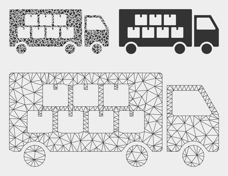 Mesh goods transportation truck model with triangle mosaic icon. Wire carcass polygonal mesh of goods transportation truck. Vector mosaic of triangle elements in variable sizes, and color tones.のイラスト素材