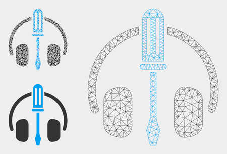 Mesh headphones tuning screwdriver model with triangle mosaic icon. Wire carcass polygonal mesh of headphones tuning screwdriver. Vector composition of triangle parts in variable sizes,のイラスト素材