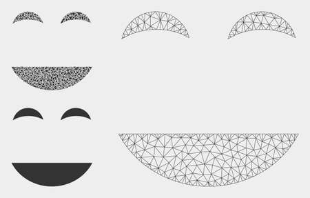 Mesh happy smiley model with triangle mosaic icon. Wire carcass polygonal mesh of happy smiley. Vector mosaic of triangle parts in different sizes, and color hues. Abstract 2d mesh happy smiley,のイラスト素材