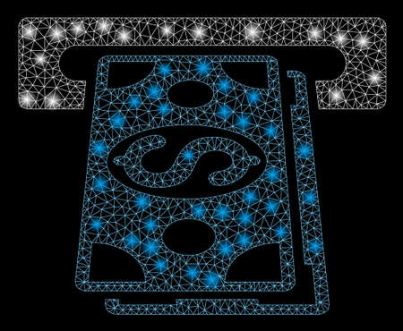 Flare mesh cash withdraw with glow effect. Abstract illuminated model of cash withdraw icon. Shiny wire frame polygonal mesh cash withdraw. Vector abstraction on a black background.のイラスト素材