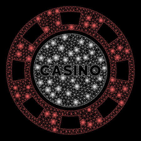 Glowing mesh casino chip with lightspot effect. Abstract illuminated model of casino chip icon. Shiny wire carcass polygonal mesh casino chip. Vector abstraction on a black background.のイラスト素材