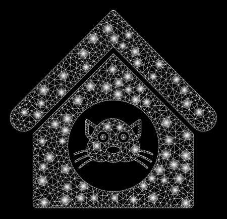 Glowing mesh cat house with lightspot effect. Abstract illuminated model of cat house icon. Shiny wire carcass polygonal mesh cat house. Vector abstraction on a black background.のイラスト素材