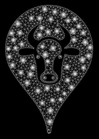 Glowing mesh cattle marker with lightspot effect. Abstract illuminated model of cattle marker icon. Shiny wire carcass polygonal mesh cattle marker. Vector abstraction on a black background.のイラスト素材