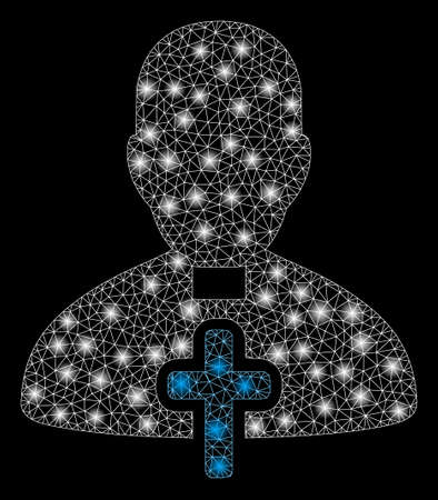 Glowing mesh catholic priest with glitter effect. Abstract illuminated model of catholic priest icon. Shiny wire carcass triangular mesh catholic priest. Vector abstraction on a black background.のイラスト素材