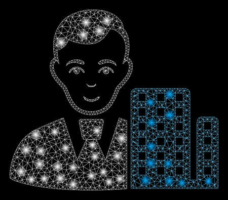 Glossy mesh city architect with glare effect. Abstract illuminated model of city architect icon. Shiny wire carcass triangular mesh city architect. Vector abstraction on a black background.のイラスト素材