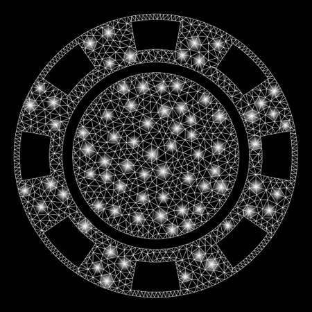 Flare mesh casino chip with glow effect. Abstract illuminated model of casino chip icon. Shiny wire frame polygonal mesh casino chip. Vector abstraction on a black background.のイラスト素材