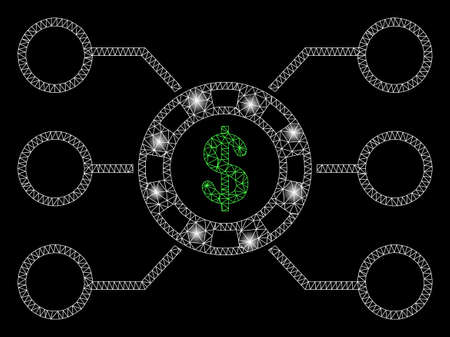 Flare mesh casino chip circuit with glitter effect. Abstract illuminated model of casino chip circuit icon. Shiny wire carcass polygonal mesh casino chip circuit.のイラスト素材
