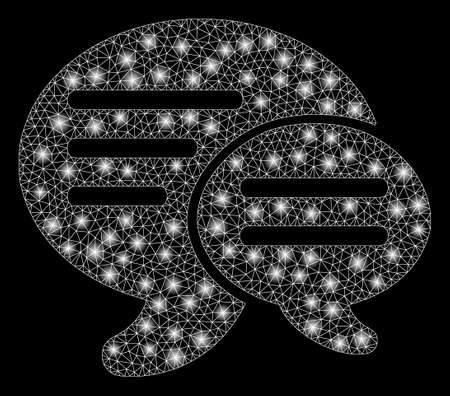 Glowing mesh chat with glare effect. Abstract illuminated model of chat icon. Shiny wire carcass triangular mesh chat. Vector abstraction on a black background.のイラスト素材