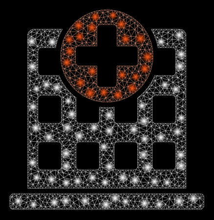 Glowing mesh clinic facade with glare effect. Abstract illuminated model of clinic facade icon. Shiny wire frame triangular mesh clinic facade. Vector abstraction on a black background.のイラスト素材