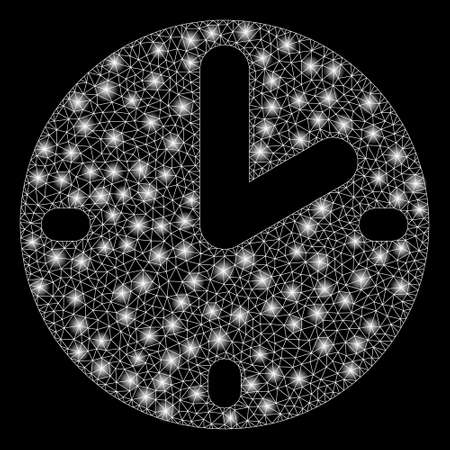 Glowing mesh clock with sparkle effect. Abstract illuminated model of clock icon. Shiny wire carcass triangular mesh clock. Vector abstraction on a black background.のイラスト素材