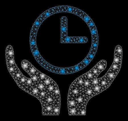 Glowing mesh clock maintenance with lightspot effect. Abstract illuminated model of clock maintenance icon. Shiny wire carcass triangular mesh clock maintenance.のイラスト素材