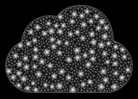 Glossy mesh cloud with glare effect. Abstract illuminated model of cloud icon. Shiny wire carcass polygonal network cloud. Vector abstraction on a black background.のイラスト素材
