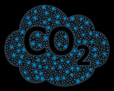 Glossy mesh co2 cloud with glare effect. Abstract illuminated model of co2 cloud icon. Shiny wire...