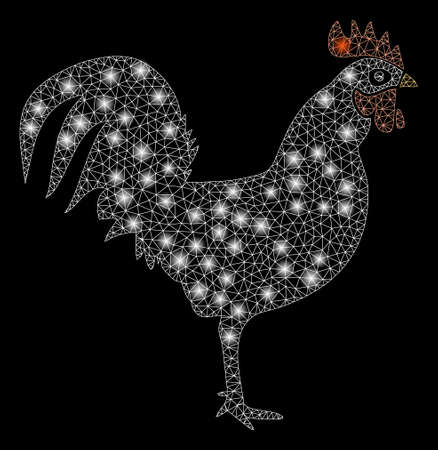 Glowing mesh cock with glare effect. Abstract illuminated model of cock icon. Shiny wire carcass polygonal mesh cock. Vector abstraction on a black background.のイラスト素材