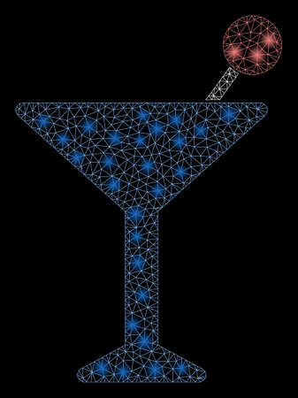 Glossy mesh cocktail with sparkle effect. Abstract illuminated model of cocktail icon. Shiny wire frame triangular mesh cocktail. Vector abstraction on a black background.のイラスト素材