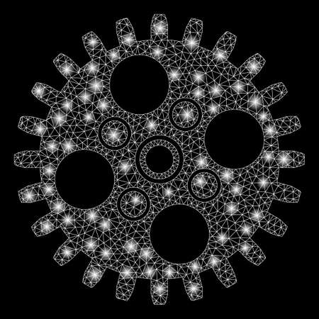 Bright mesh cogwheel with glare effect. Abstract illuminated model of cogwheel icon. Shiny wire frame polygonal mesh cogwheel. Vector abstraction on a black background.のイラスト素材