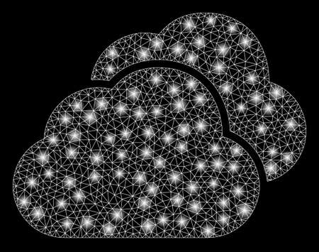 Flare mesh clouds with glare effect. Abstract illuminated model of clouds icon. Shiny wire frame polygonal mesh clouds. Vector abstraction on a black background.のイラスト素材
