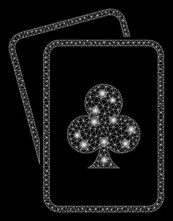 Glossy mesh clubs gambling cards with glow effect. Abstract illuminated model of clubs gambling cards icon. Shiny wire carcass triangular network clubs gambling cards.のイラスト素材