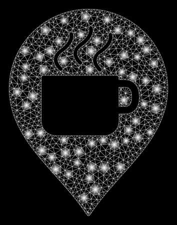 Glossy mesh coffee cup marker with sparkle effect. Abstract illuminated model of coffee cup marker icon. Shiny wire frame polygonal mesh coffee cup marker. Vector abstraction on a black background.のイラスト素材