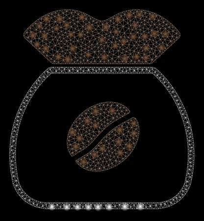 Glossy mesh coffee grain with glitter effect. Abstract illuminated model of coffee grain icon. Shiny wire frame triangular network coffee grain. Vector abstraction on a black background.のイラスト素材