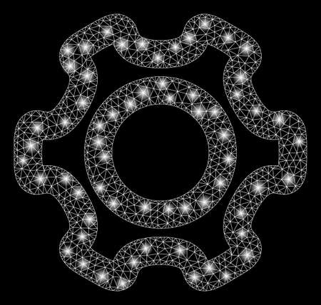Glowing mesh cog with glow effect. Abstract illuminated model of cog icon. Shiny wire frame polygonal mesh cog. Vector abstraction on a black background. Abstract 2d mesh designed with polygonal grid,のイラスト素材