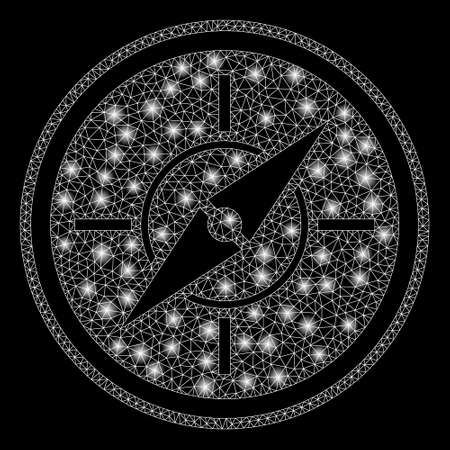 Glowing mesh compass with glow effect. Abstract illuminated model of compass icon. Shiny wire carcass polygonal mesh compass. Vector abstraction on a black background.のイラスト素材