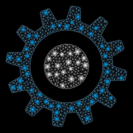Glossy mesh cogwheel with lightspot effect. Abstract illuminated model of cogwheel icon. Shiny wire frame triangular mesh cogwheel. Vector abstraction on a black background.のイラスト素材