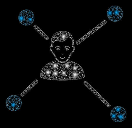 Glowing mesh man links with lightspot effect. Abstract illuminated model of man links icon. Shiny wire frame triangular mesh man links. Vector abstraction on a black background.のイラスト素材
