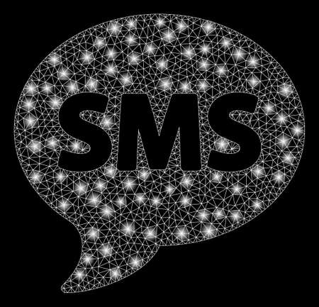 Flare mesh SMS with glitter effect. Abstract illuminated model of SMS icon. Shiny wire carcass triangular mesh SMS. Vector abstraction on a black background.のイラスト素材