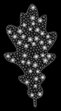 Glowing mesh oak leaf with glare effect. Abstract illuminated model of oak leaf icon. Shiny wire carcass polygonal mesh oak leaf. Vector abstraction on a black background.のイラスト素材