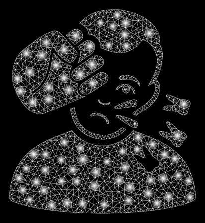 Glowing mesh head strike with sparkle effect. Abstract illuminated model of head strike icon. Shiny wire frame triangular mesh head strike. Vector abstraction on a black background.のイラスト素材