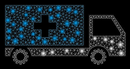 Glossy mesh service car with glow effect. Abstract illuminated model of service car icon. Shiny wire carcass triangular mesh service car. Vector abstraction on a black background.のイラスト素材