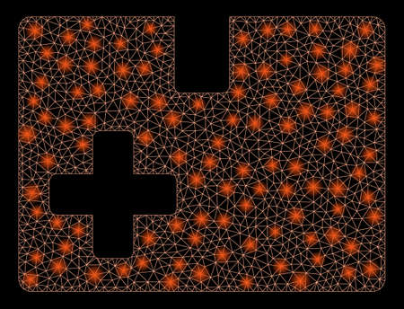 Glossy mesh medical box with glare effect. Abstract illuminated model of medical box icon. Shiny wire carcass polygonal mesh medical box. Vector abstraction on a black background.のイラスト素材