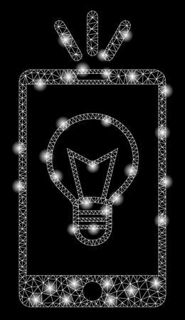 Glowing mesh mobile lamp light with glitter effect. Abstract illuminated model of mobile lamp light icon. Shiny wire frame triangular mesh mobile lamp light. Vector abstraction on a black background.のイラスト素材