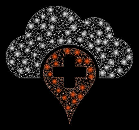 Glowing mesh medical cloud with sparkle effect. Abstract illuminated model of medical cloud icon. Shiny wire frame polygonal mesh medical cloud. Vector abstraction on a black background.のイラスト素材