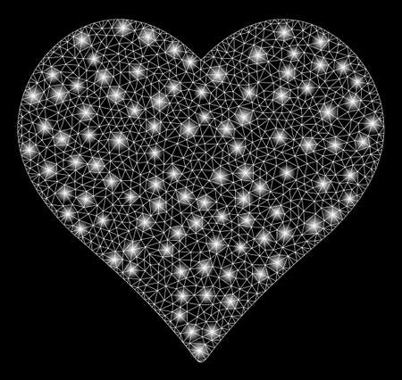 Glowing mesh love heart with glitter effect. Abstract illuminated model of love heart icon. Shiny wire frame polygonal mesh love heart. Vector abstraction on a black background.のイラスト素材