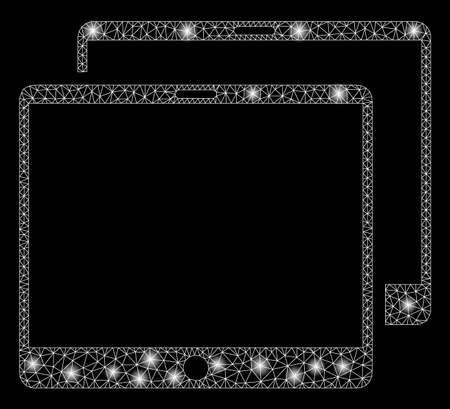 Bright mesh mobile tabs with lightspot effect. Abstract illuminated model of mobile tabs icon. Shiny wire carcass polygonal mesh mobile tabs. Vector abstraction on a black background.のイラスト素材