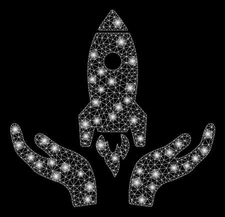 Glossy mesh space startup support hands with sparkle effect. Abstract illuminated model of space startup support hands icon. Shiny wire carcass polygonal network space startup support hands.のイラスト素材
