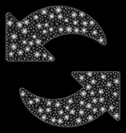 Glowing mesh refresh with glare effect. Abstract illuminated model of refresh icon. Shiny wire frame polygonal mesh refresh. Vector abstraction on a black background.のイラスト素材