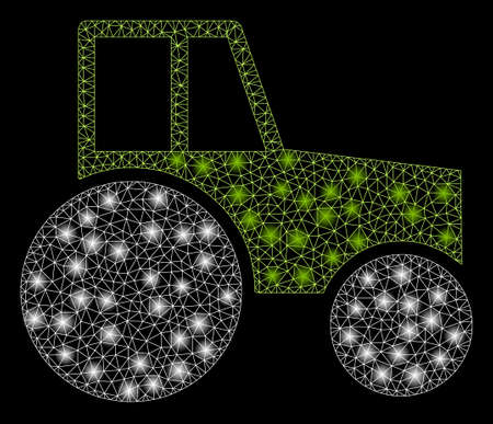 Glowing mesh wheeled tractor with glow effect. Abstract illuminated model of wheeled tractor icon. Shiny wire frame triangular network wheeled tractor. Vector abstraction on a black background.のイラスト素材